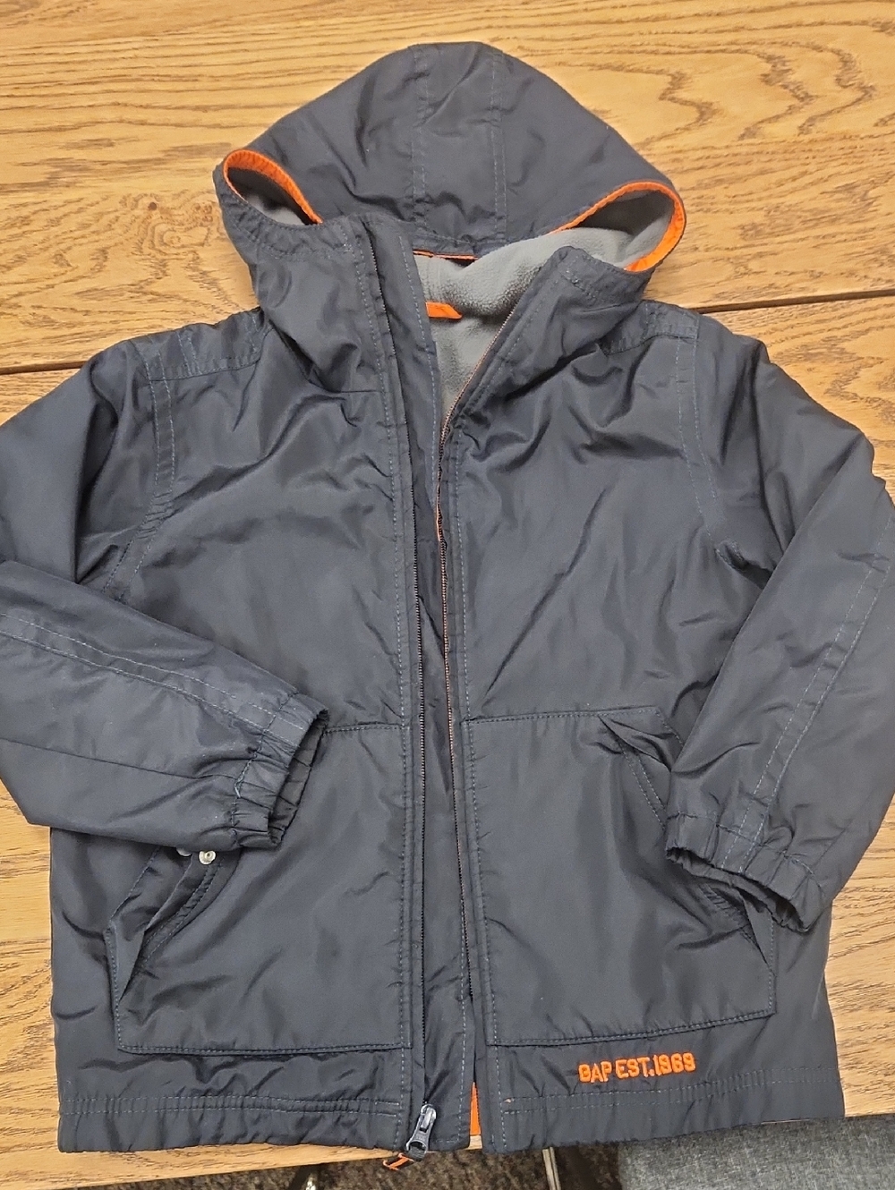 GAP Navy Hooded Puffer Jacket with Orange Trim